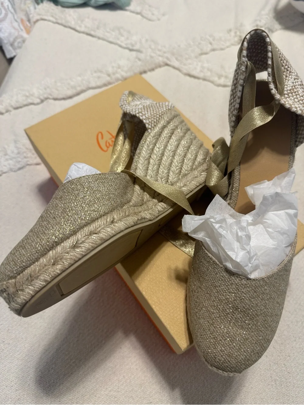 Castaner Metallic Champagne Espadrille Wedge with Ankle Wrap